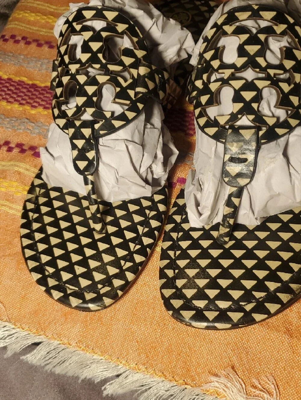 Tory Burch Miller Black&Cream Geometric Thong Sandals Size 7.5